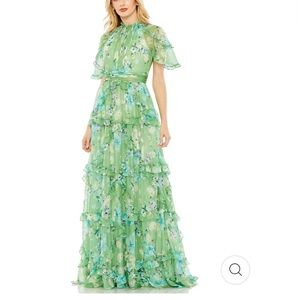 MAC DUGGAL Floral Print Chiffon Cascading Ruffle Raglan Gown size 22